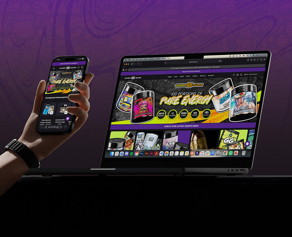 Advertising campaign design for website banners of a gaming supplement brand with desktop and mobile view for the GamerSupps GG product line