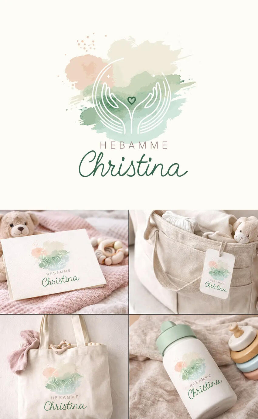 Brand identity design for a midwife practice including logo design, packaging mockups, stationery and lifestyle branding elements