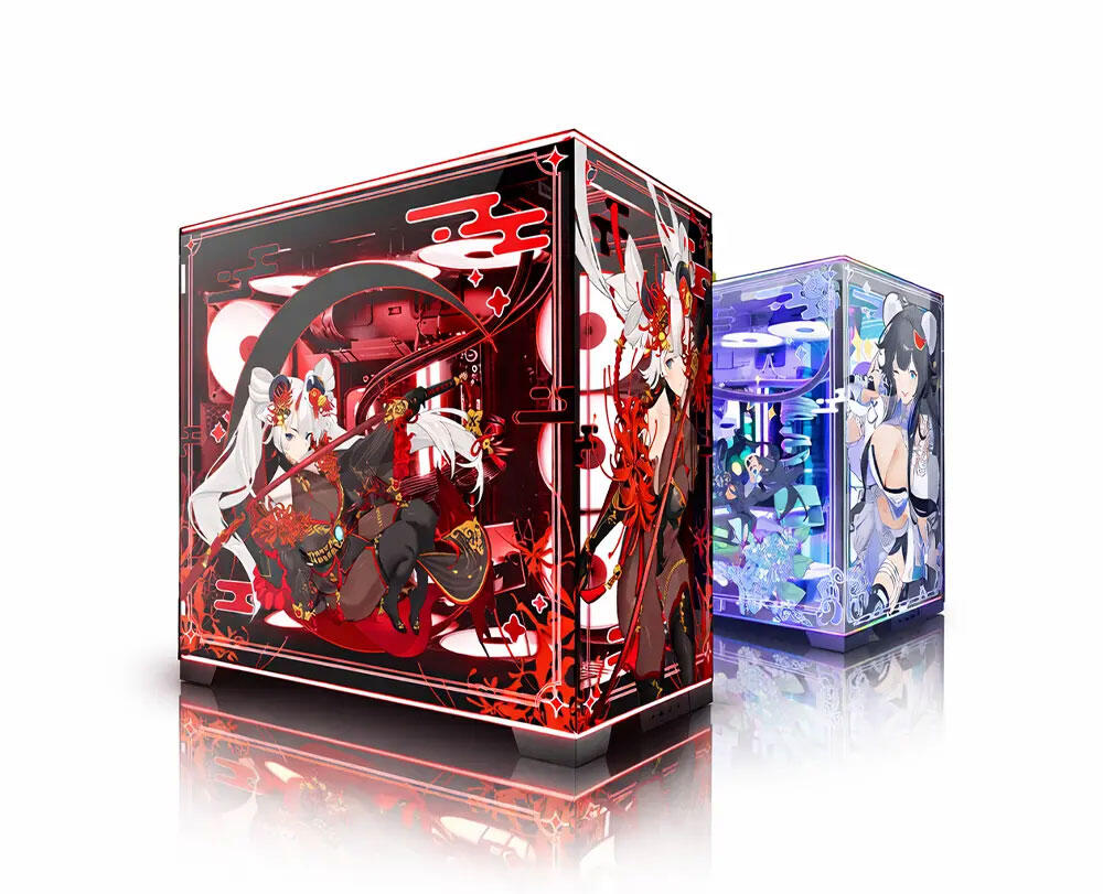 Product visualization and photography of a custom gaming PC featuring anime themed case design and RGB lighting