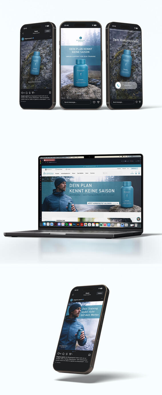 Social media advertising concept for a supplement brand featuring Instagram product ads and mobile marketing visuals