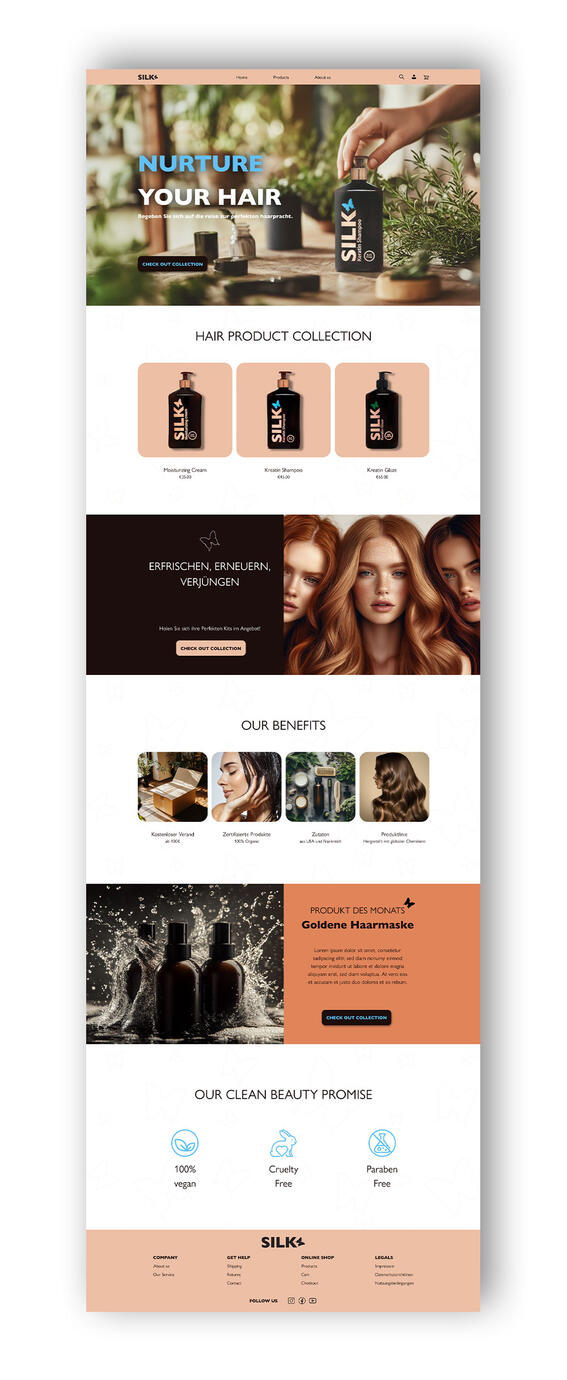 Luxury haircare brand website design featuring product collection layout, modern UI design and e-commerce product display