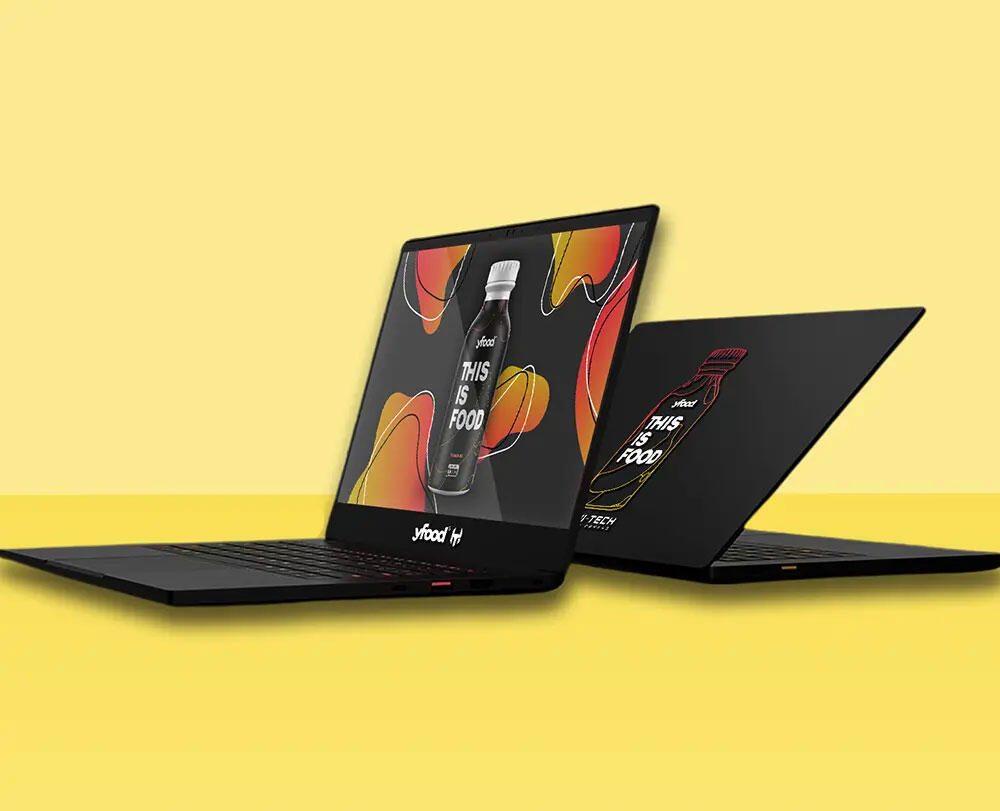 Marketing visuals and sticker design for a beverage brand campaign featuring product mockups and promotional brand graphics