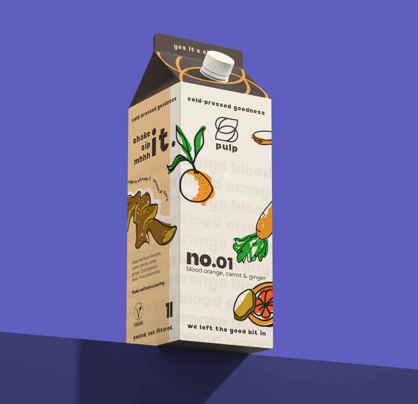 Concept design for the one-litre juice carton of a cold-pressed juice concept brand with illustrated ingredients, type pattern and the No.01 Blood Orange, Carrot and Ginger flavour