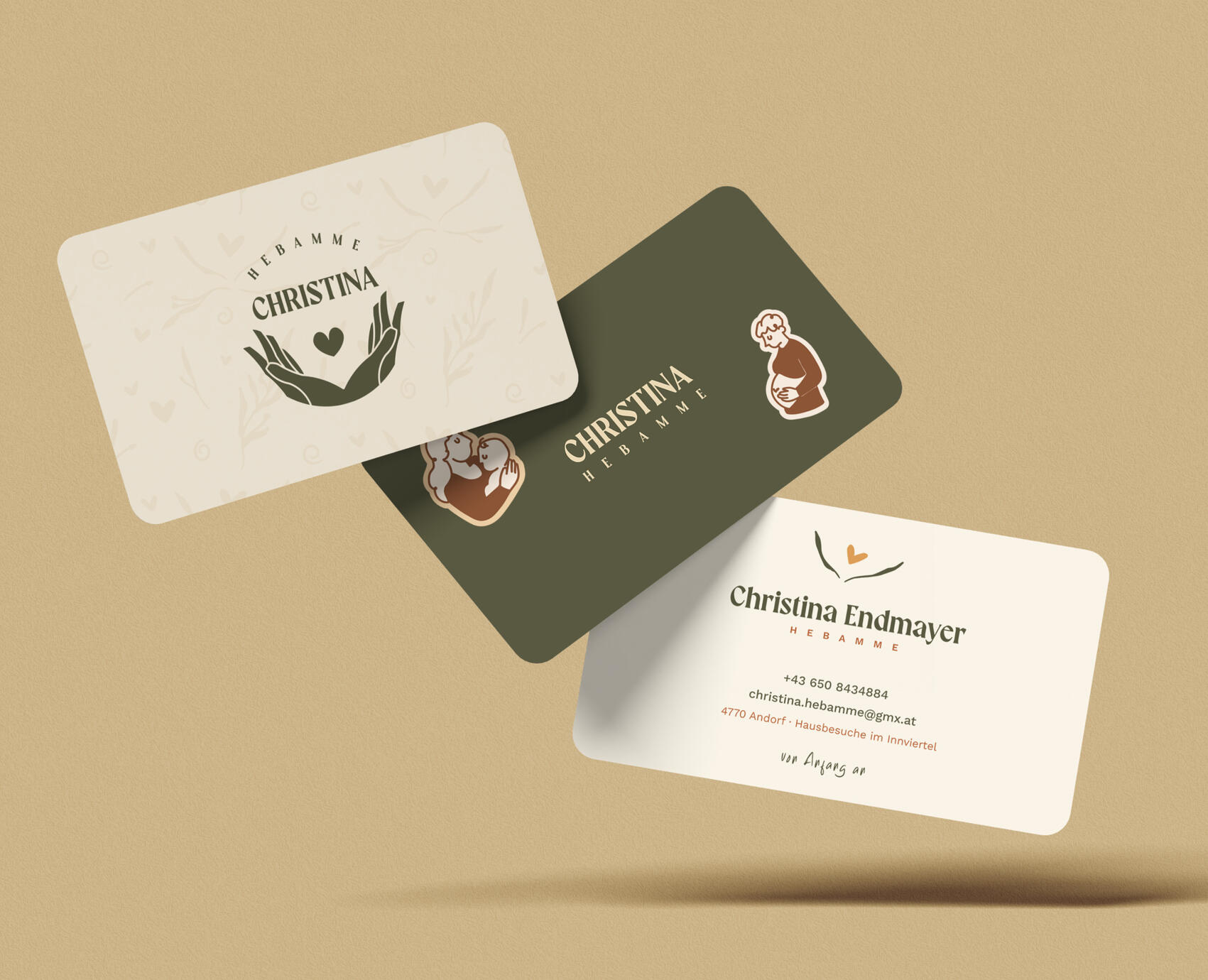 Brand identity design for a midwife practice including logo design, packaging mockups, stationery and lifestyle branding elements