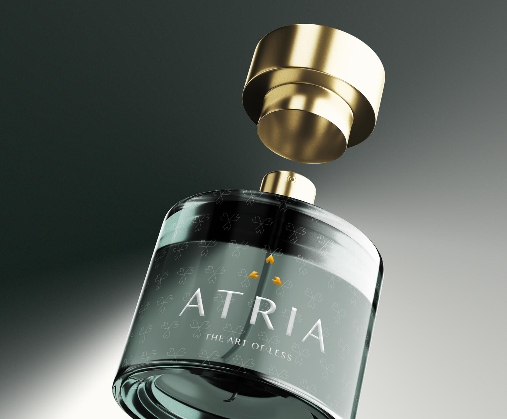 Concept design for the perfume bottle of a premium lifestyle concept brand with green glass body, gold cap and patterned label with wordmark