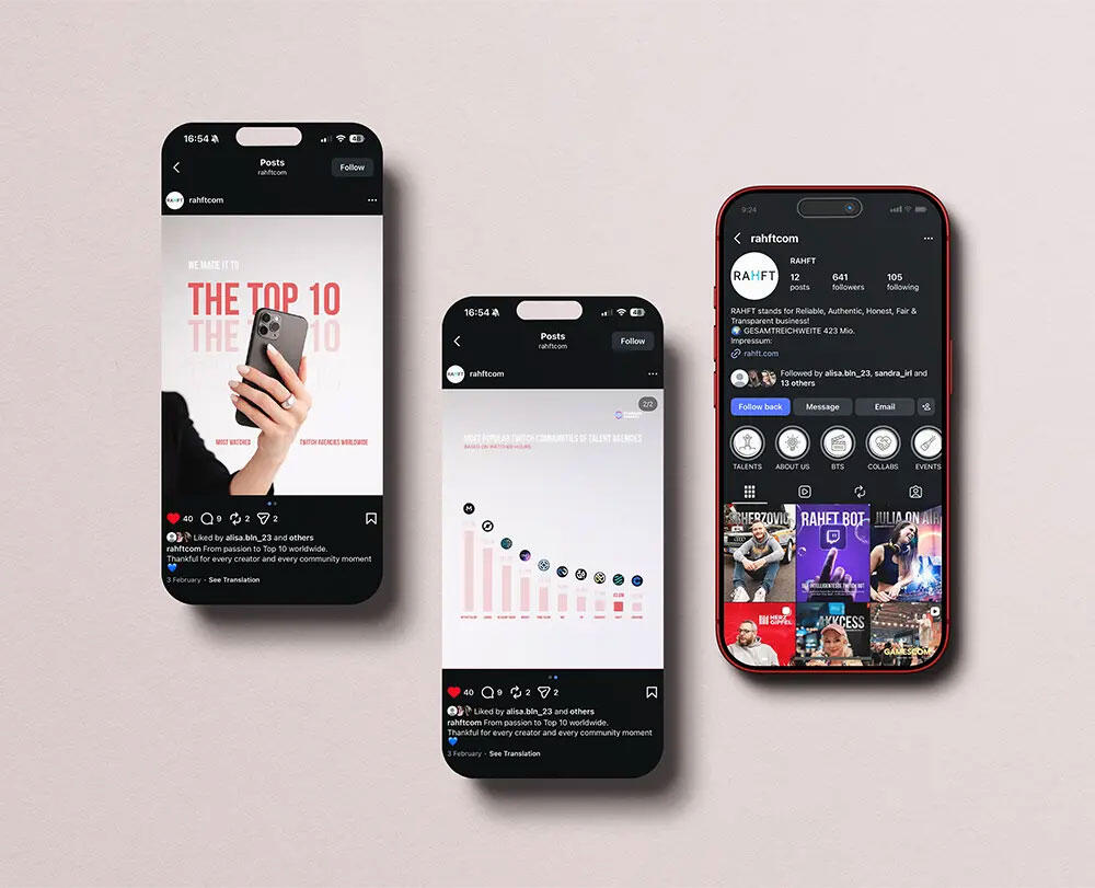 Social media campaign visuals for a talent agency including Instagram posts, analytics dashboard and mobile UI design